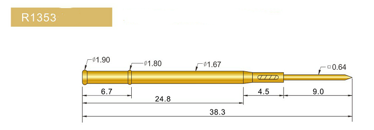 R1353-W探針套管、1.67mm測試針、總長38.3mm、彈簧針套管圖片、測試針套管圖片、頂針套管圖片、探針套管圖片